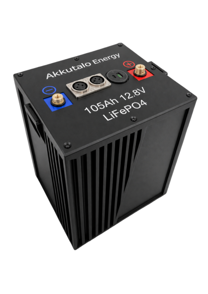 Naali 12 V smart LFP battery, black enclosure with terminals and communication ports on the top face