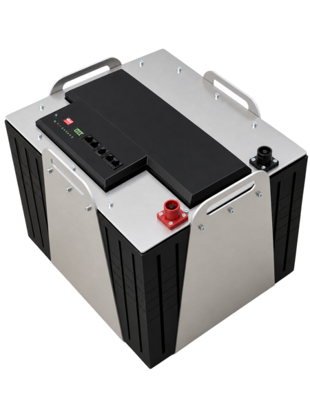 Naali 24 V battery render, larger silver/black enclosure with carry handles and a status indicator strip — illustrative image, final specification pending